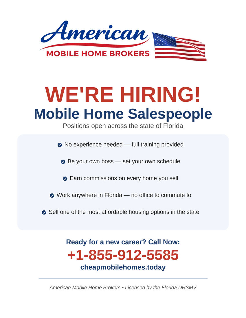 American Mobile Home Brokers hiring flyer: mobile home salespeople wanted across Florida