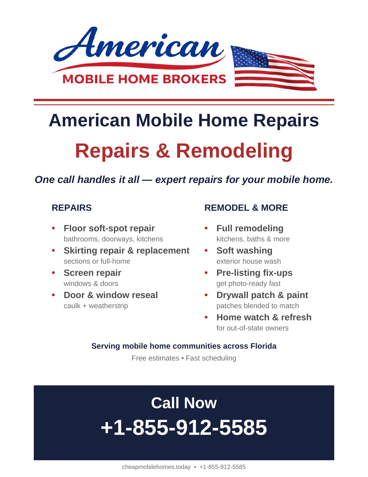 American Mobile Home Repairs flyer: repairs and remodeling for mobile homes across Florida