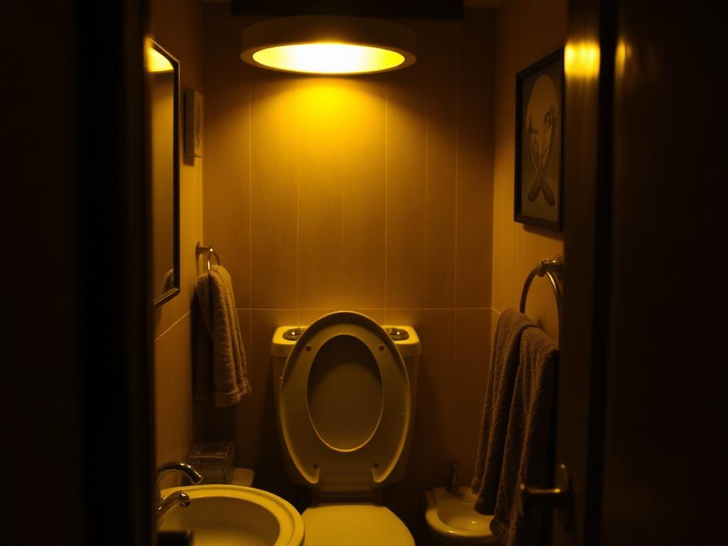 Dim, messy bathroom with toilet lid up and clutter