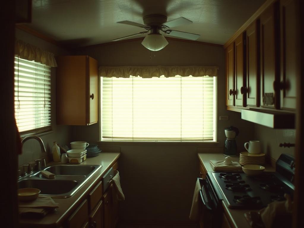 Dim, cluttered kitchen with dirty dishes and poor lighting