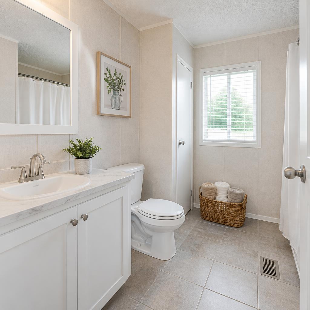 Bright, clean bathroom with toilet lid closed
