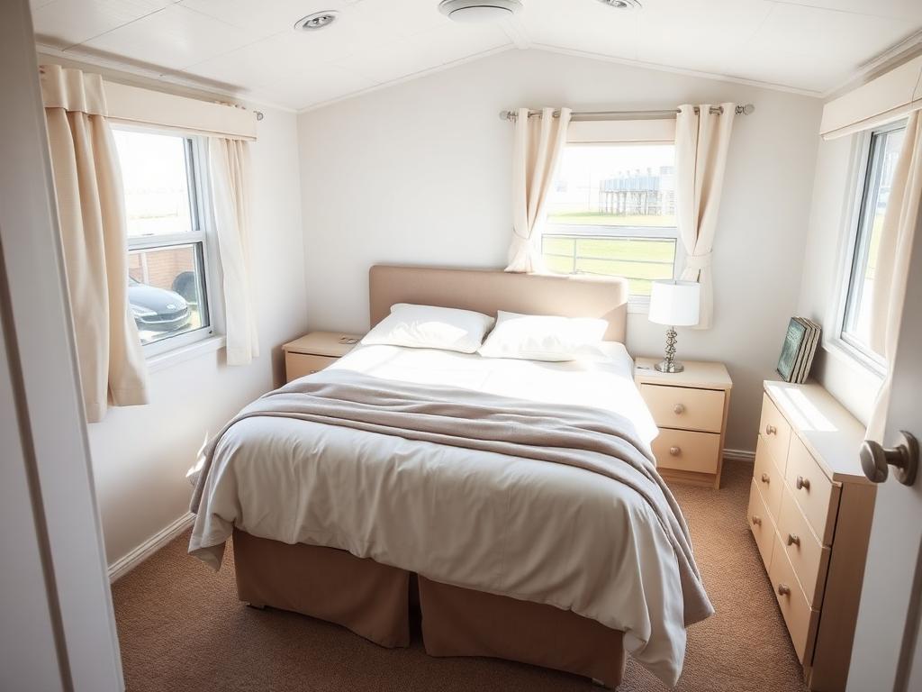 Bright, tidy bedroom with made bed and decluttered nightstands