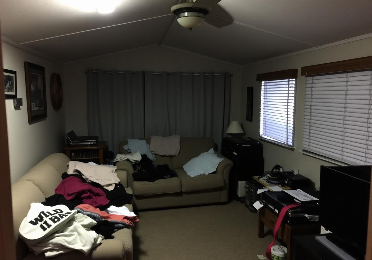 Dim, cluttered living room photographed at night