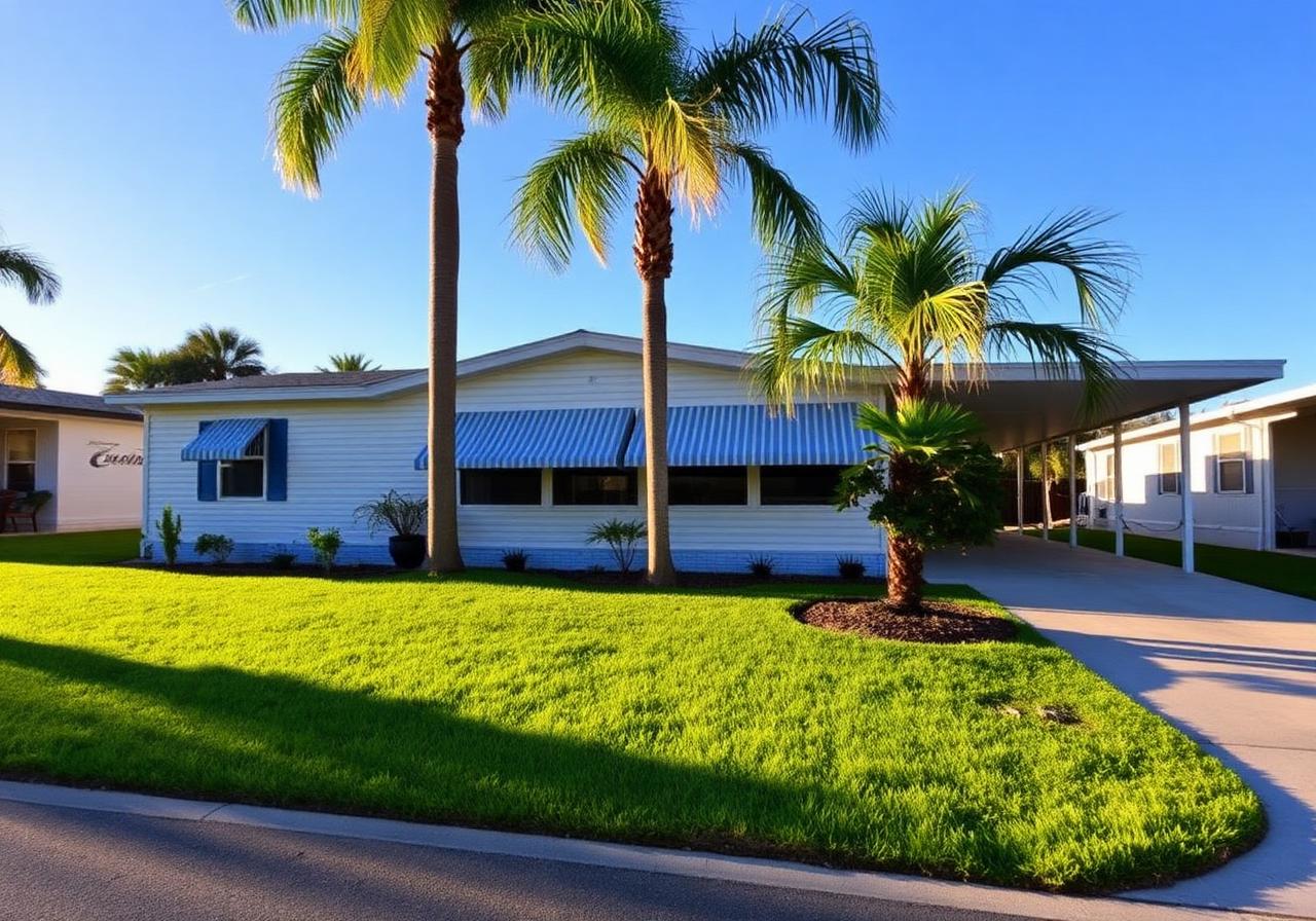 Florida mobile home exterior with palm trees