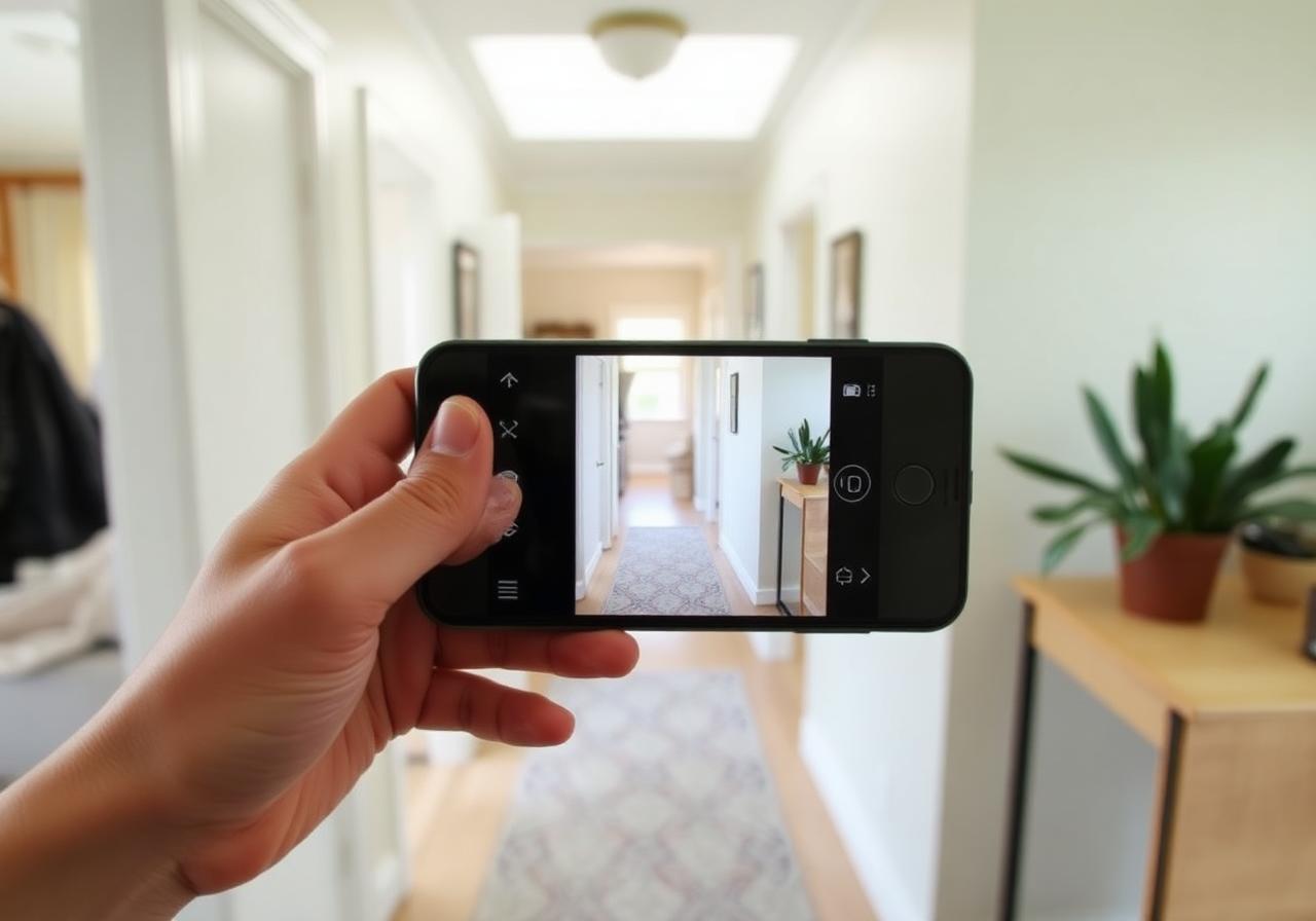 Person holding phone horizontally recording a home walkthrough